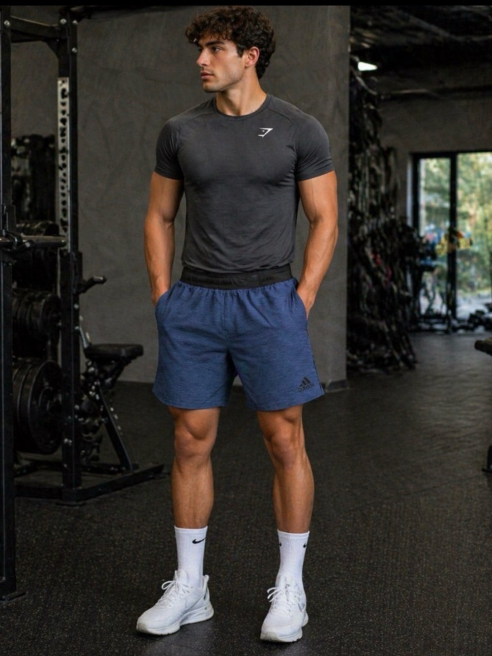 Adidas Blue and Black Athletic Shorts with Elastic Waistband